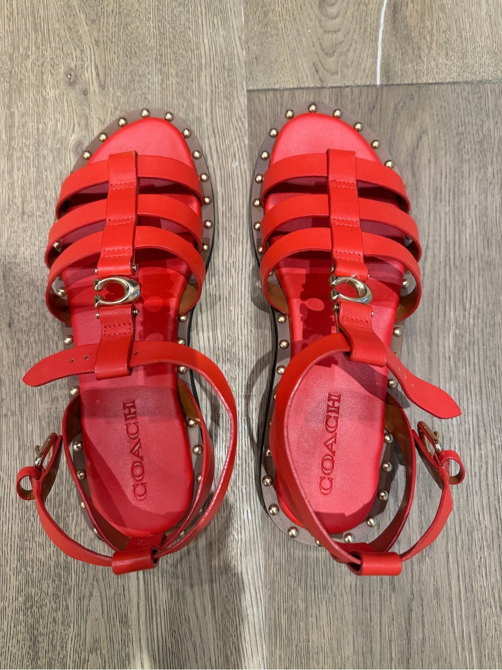 Coach Red Studded Multi-Strap Leather Sandals